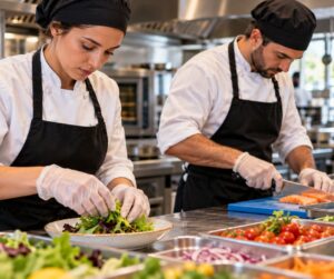 Cocineros aplicando buenas prácticas de higiene y manipulación de alimentos en una cocina profesional