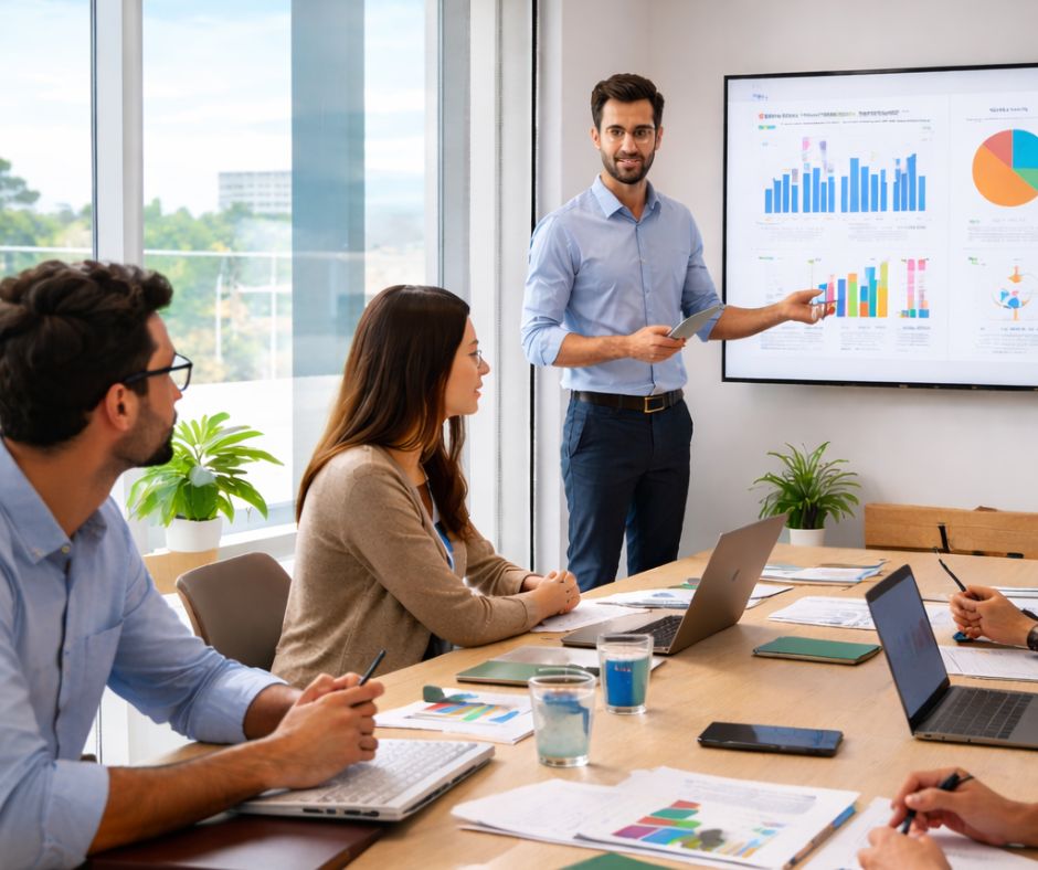 Cómo elegir cursos que sean eficaces para tu empresa. Chico mostrando unas estadísticas de cómo ha crecido la empresa gracias a la formación eficaz.