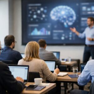 Trabajadores participando en una sesión de formación bonificada en inteligencia artificial para mejorar sus competencias profesionales