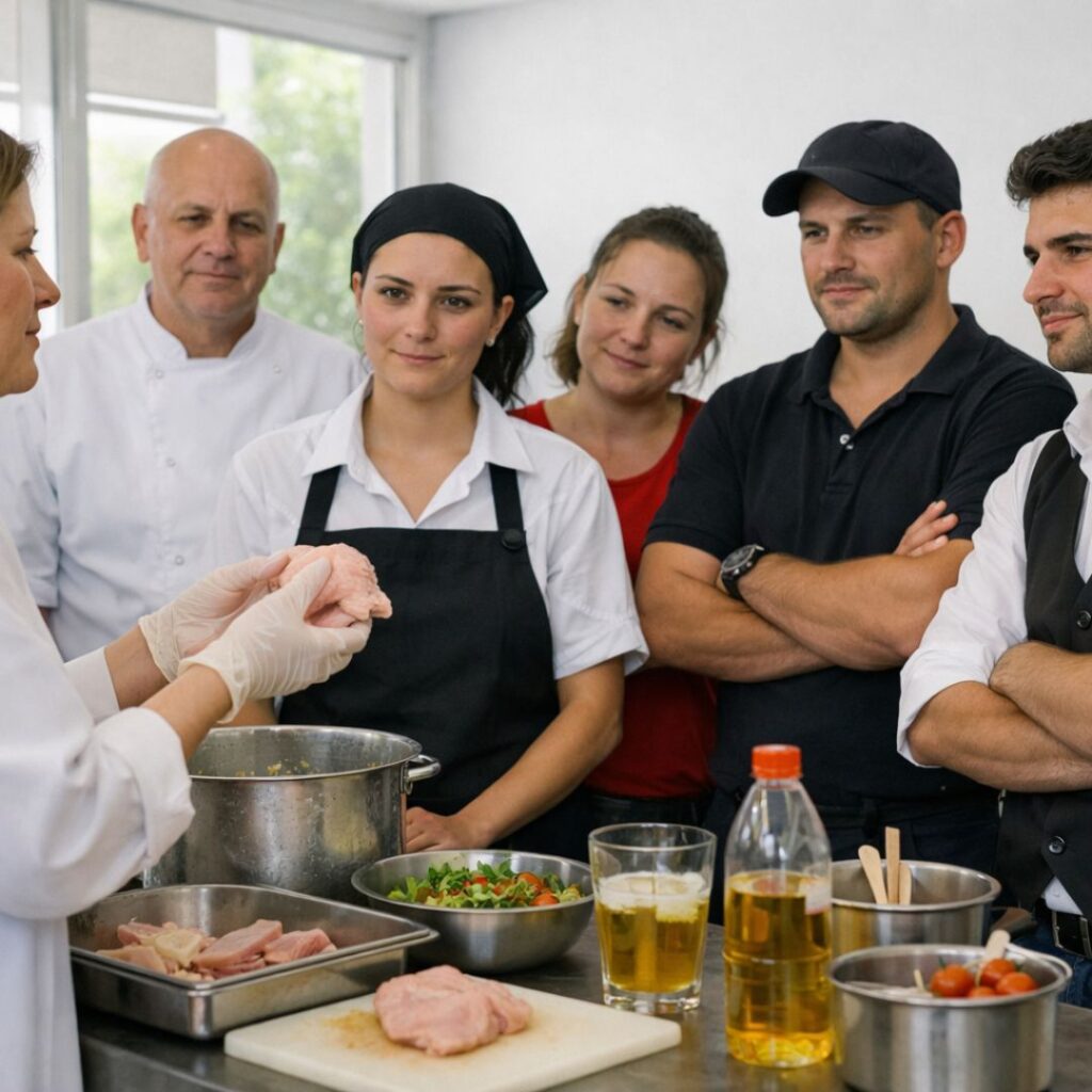 Grupo de trabajadores de hostelería recibiendo formación sobre manipulación de alimentos antes de una feria, ambiente profesional y cercano.