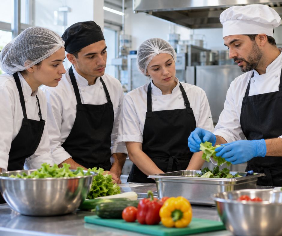 Grupo de trabajadores de hostelería recibiendo formación práctica sobre manipulación de alimentos en una cocina profesional