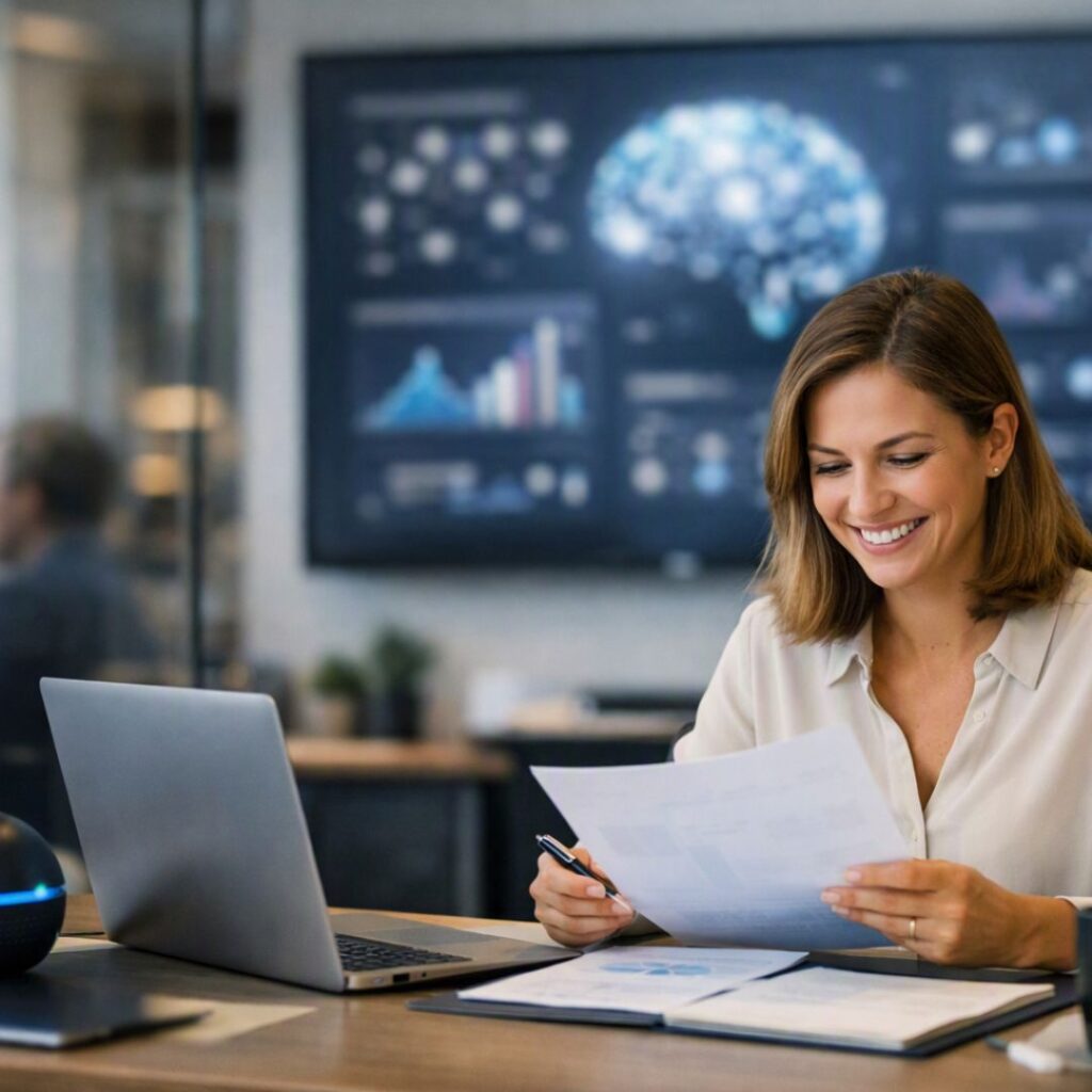 Profesional utilizando herramientas de inteligencia artificial para aumentar la productividad en la empresa tras recibir formación
