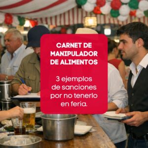 Inspector sanitario revisando la barra de una caseta de feria andaluza durante la Feria del Caballo, con camareros atentos y ambiente profesional.