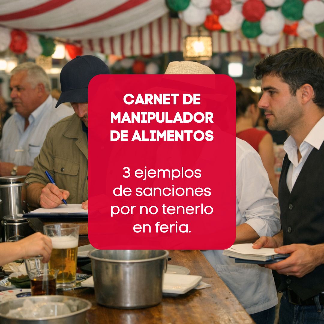 Inspector sanitario revisando la barra de una caseta de feria andaluza durante la Feria del Caballo, con camareros atentos y ambiente profesional.