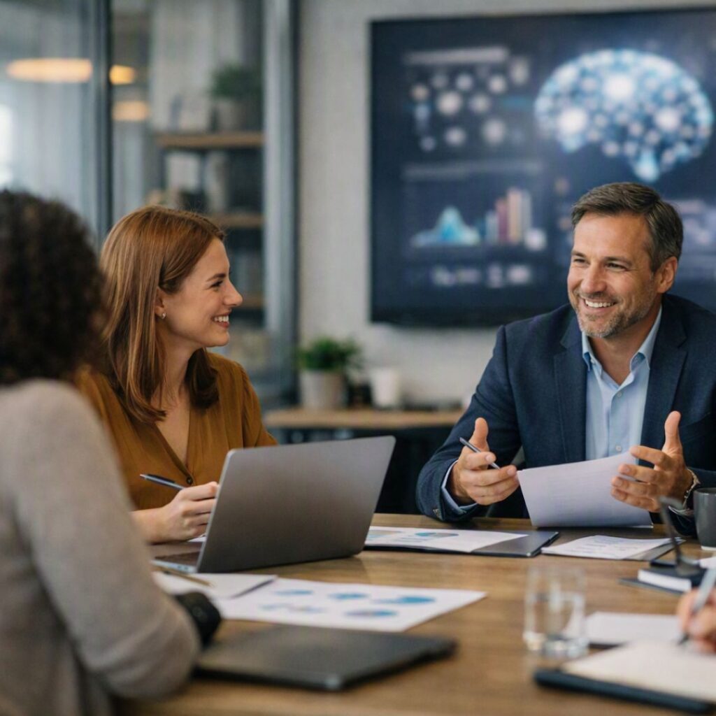 Equipo planificando un programa de formación bonificada en inteligencia artificial para impulsar la transformación digital de la empresa